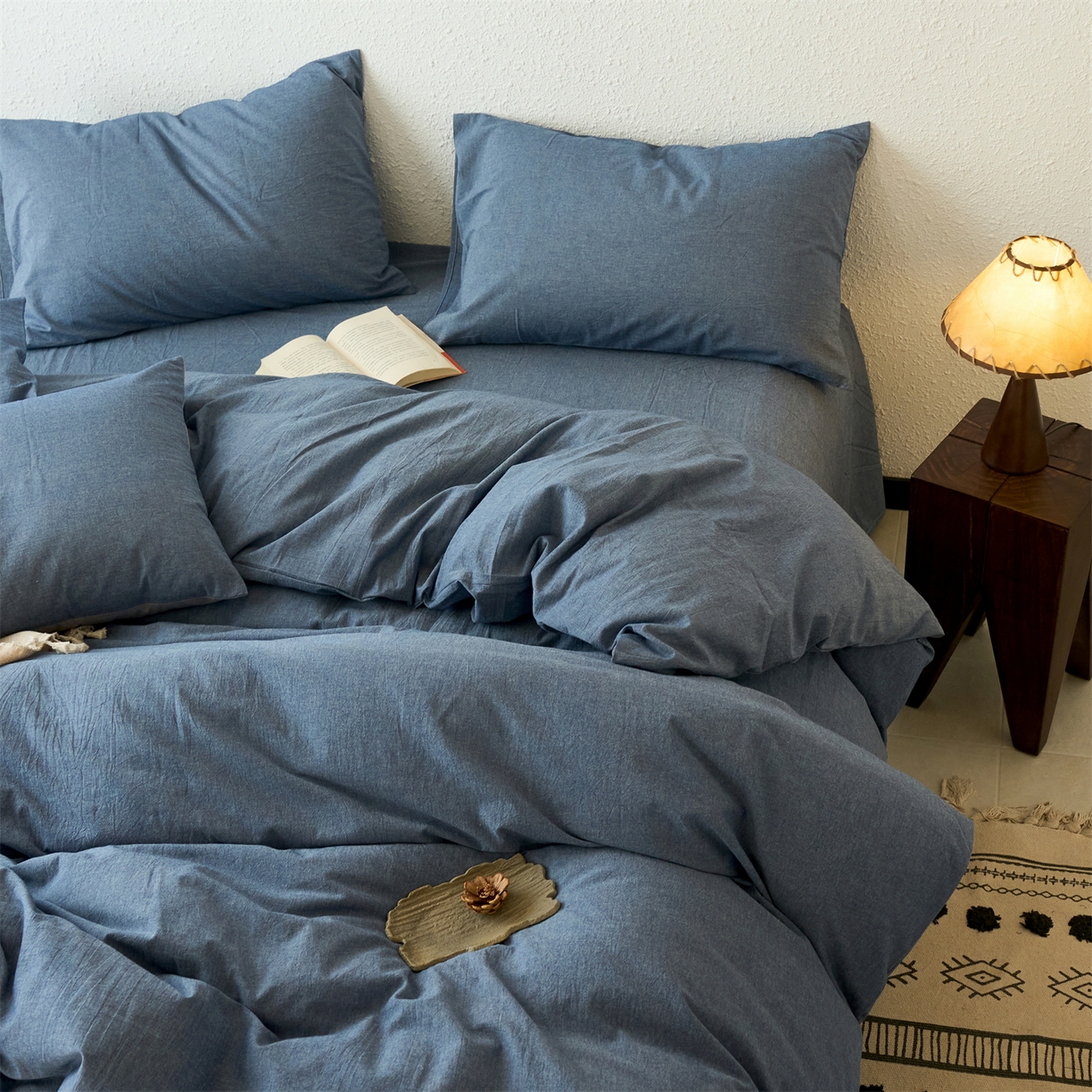 91家纺网 家纺一手货源 找家纺 兰紫橙家纺 2026新款A类色织纯色全棉水洗棉四件套 全棉水洗棉-牛仔蓝