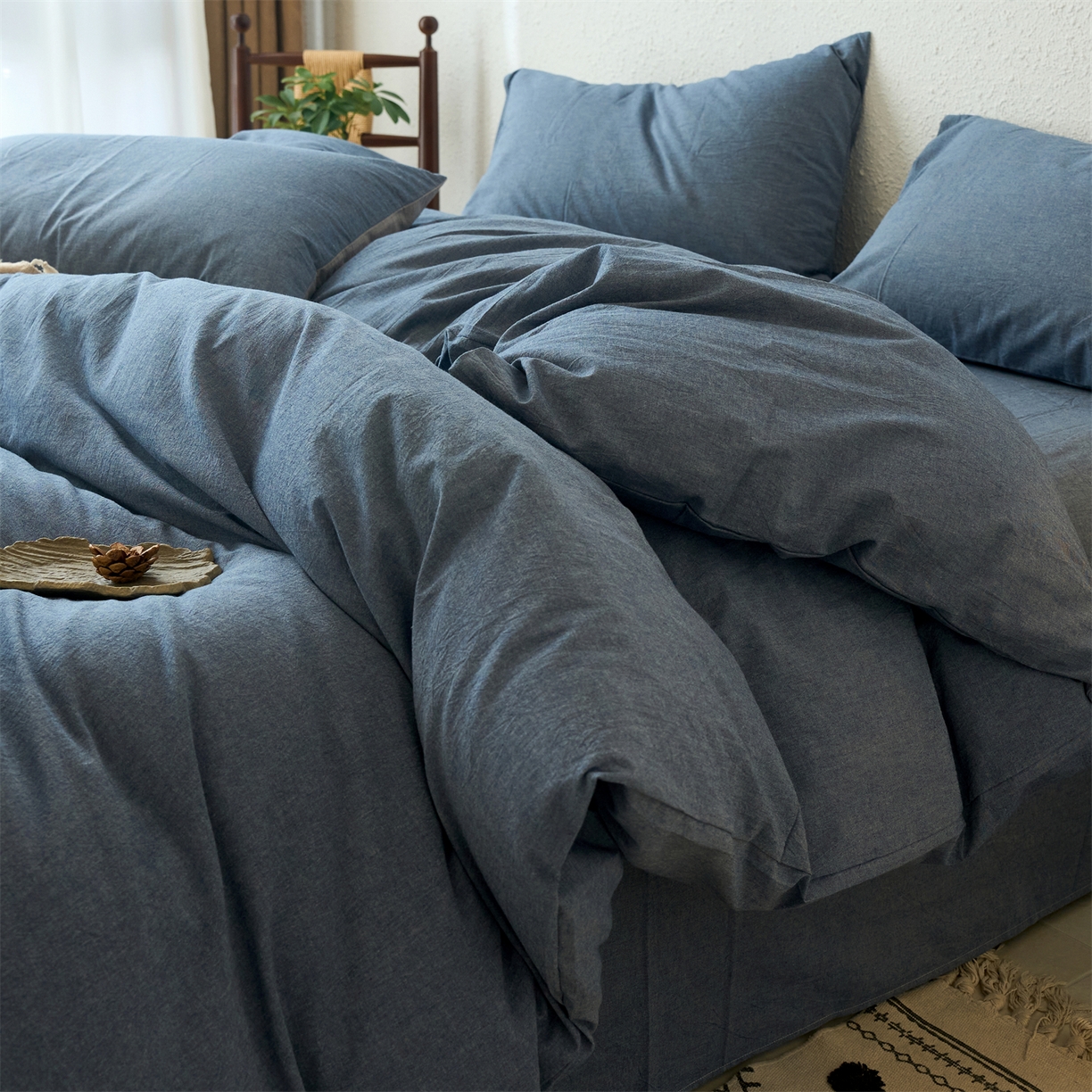 91家纺网 家纺一手货源 找家纺 兰紫橙家纺 2026新款A类色织纯色全棉水洗棉四件套 全棉水洗棉-牛仔蓝