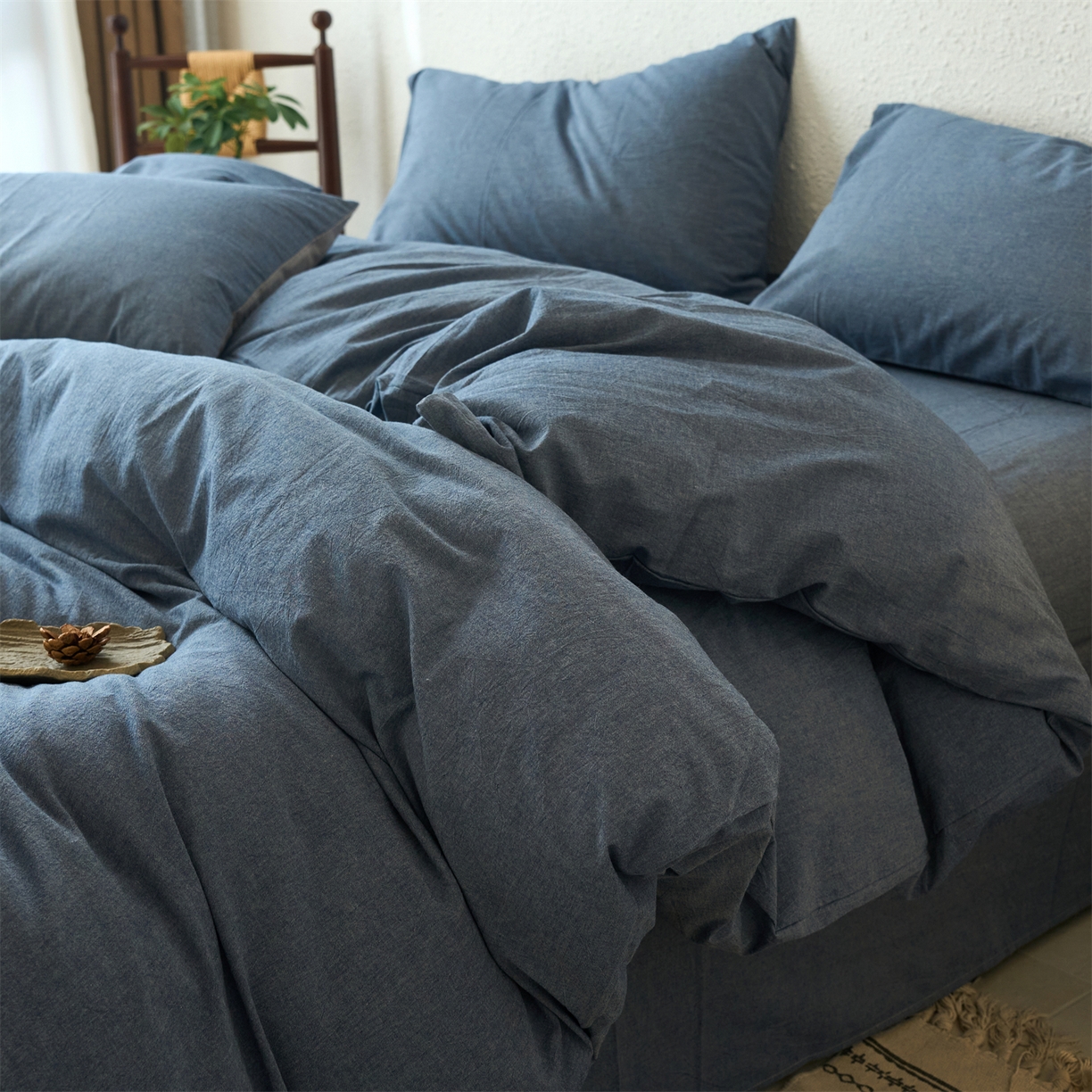 91家纺网 家纺一手货源 找家纺 兰紫橙家纺 2026新款A类色织纯色全棉水洗棉四件套 全棉水洗棉-牛仔蓝