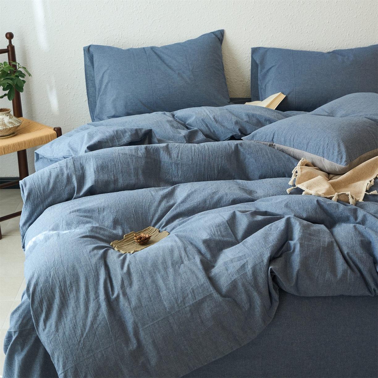 91家纺网 家纺一手货源 找家纺 兰紫橙家纺 2026新款A类色织纯色全棉水洗棉四件套 全棉水洗棉-牛仔蓝