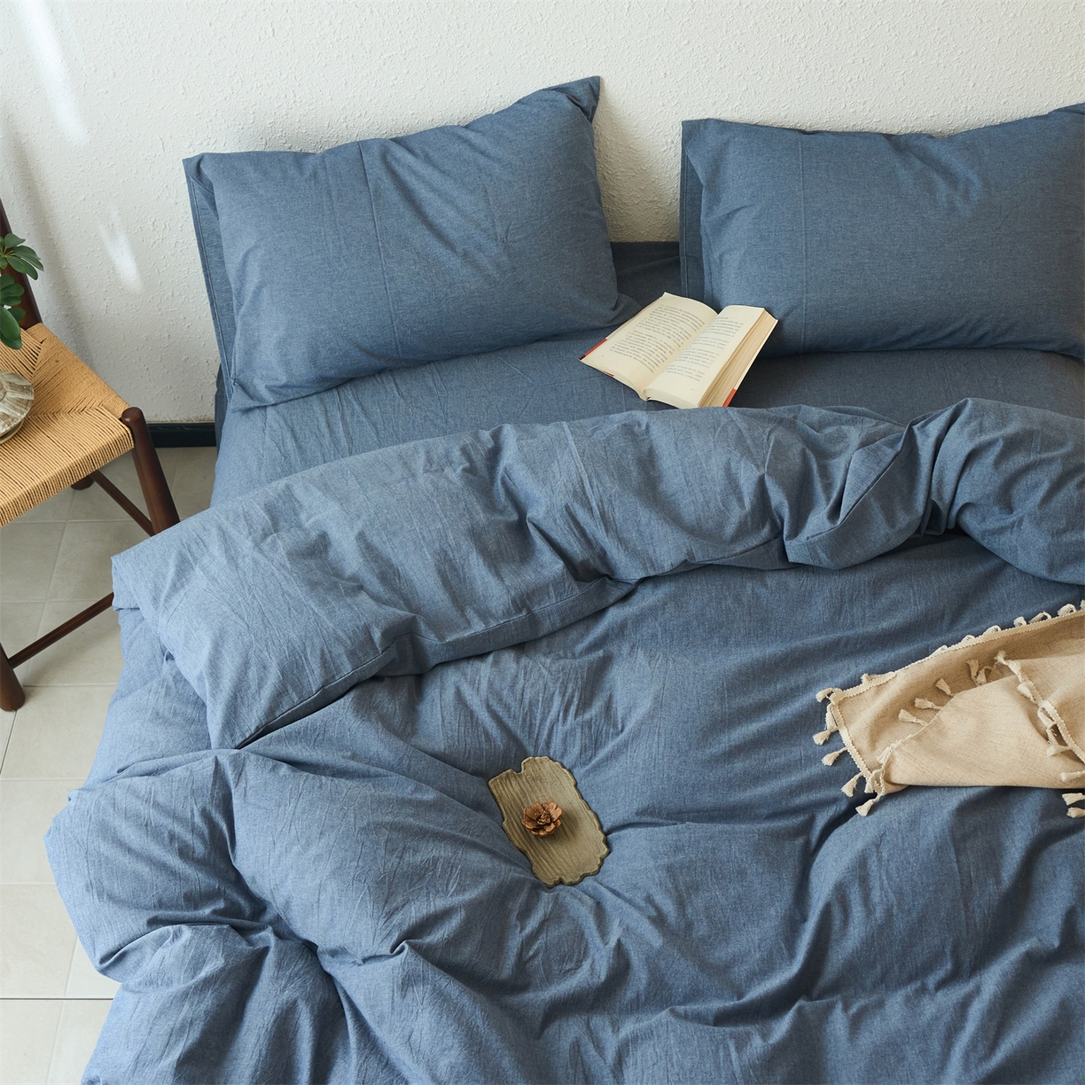 91家纺网 家纺一手货源 找家纺 兰紫橙家纺 2026新款A类色织纯色全棉水洗棉四件套 全棉水洗棉-牛仔蓝