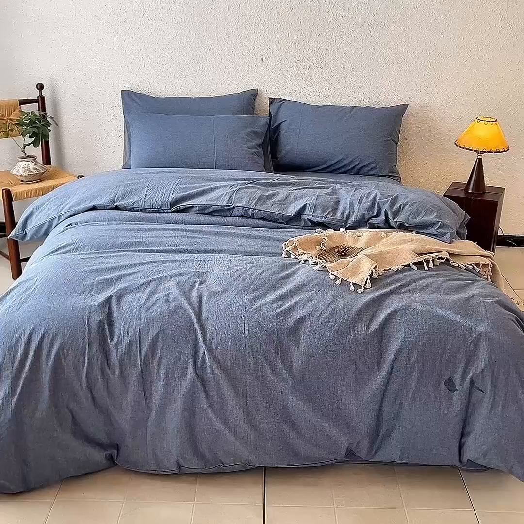 91家纺网 家纺一手货源 找家纺 兰紫橙家纺 2026新款A类色织纯色全棉水洗棉四件套 全棉水洗棉-牛仔蓝