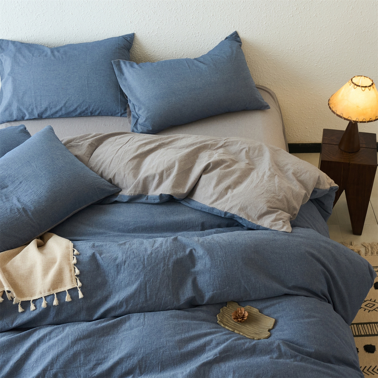兰紫橙家纺 2026新款A类色织纯色全棉水洗棉四件套 全棉水洗棉-牛仔蓝+浅灰