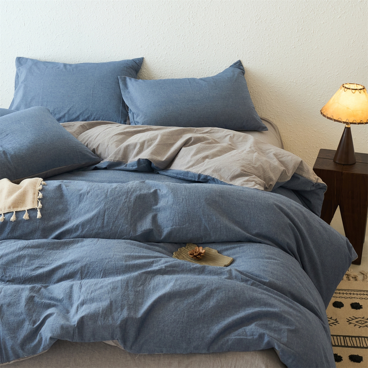 91家纺网 家纺一手货源 找家纺 兰紫橙家纺 2026新款A类色织纯色全棉水洗棉四件套 全棉水洗棉-牛仔蓝+浅灰