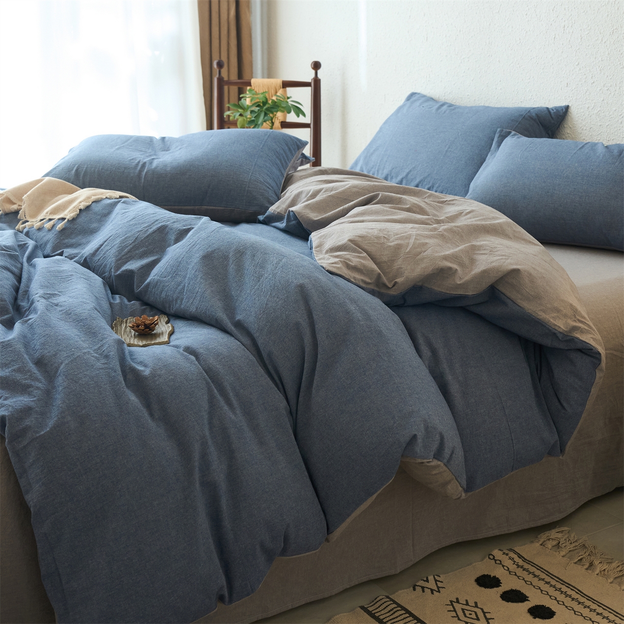 91家纺网 家纺一手货源 找家纺 兰紫橙家纺 2026新款A类色织纯色全棉水洗棉四件套 全棉水洗棉-牛仔蓝+浅灰