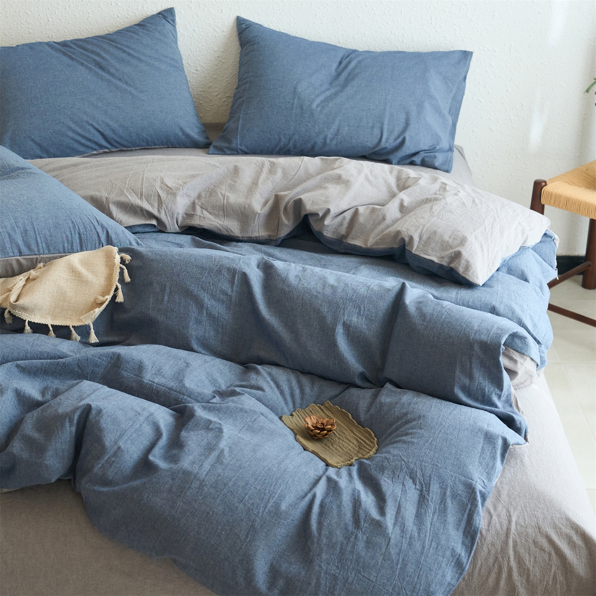 91家纺网 家纺一手货源 找家纺 兰紫橙家纺 2026新款A类色织纯色全棉水洗棉四件套 全棉水洗棉-牛仔蓝+浅灰