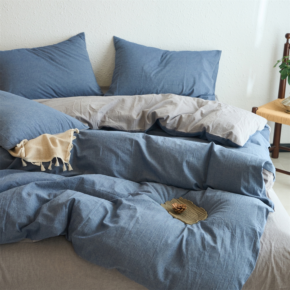 91家纺网 家纺一手货源 找家纺 兰紫橙家纺 2026新款A类色织纯色全棉水洗棉四件套 全棉水洗棉-牛仔蓝+浅灰