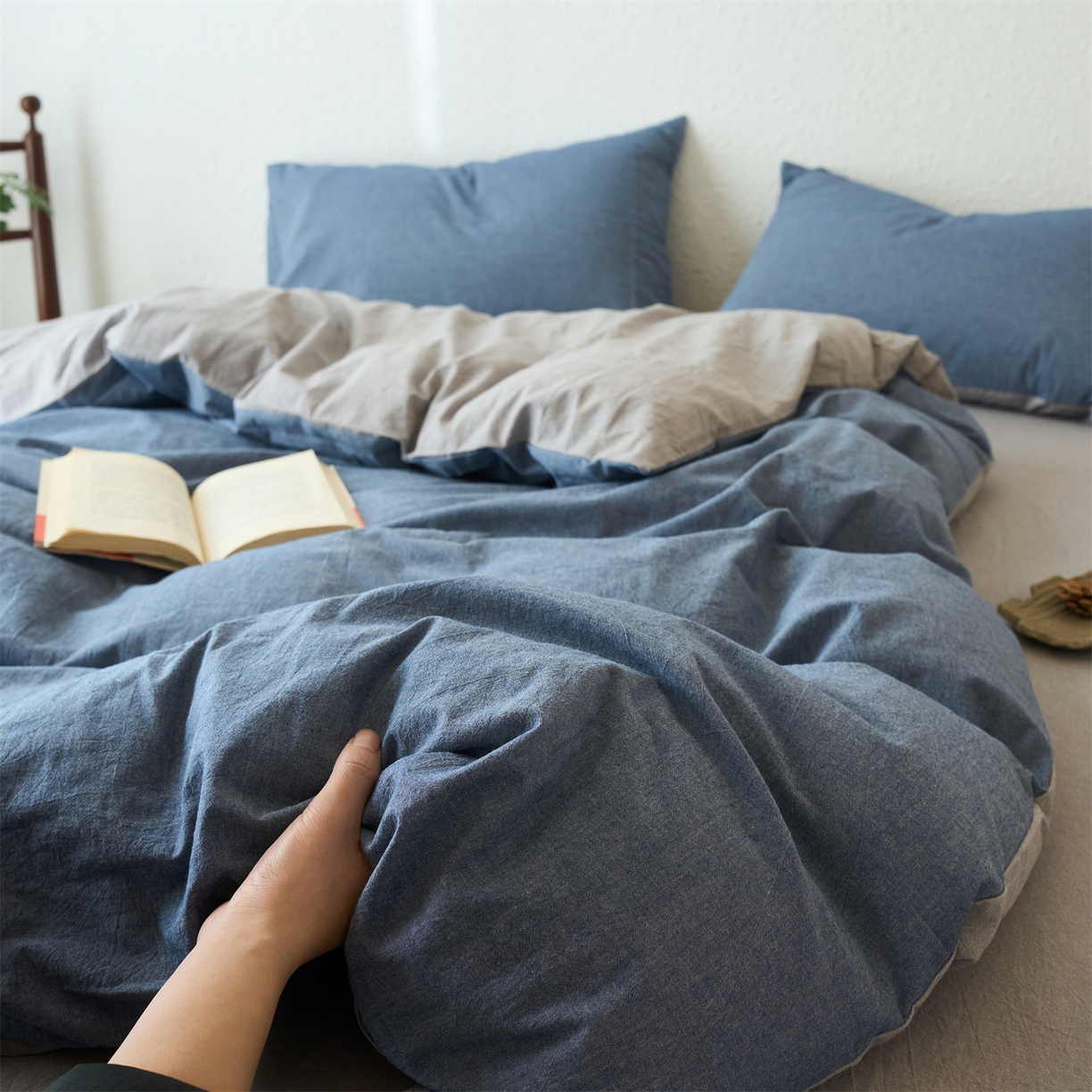 91家纺网 家纺一手货源 找家纺 兰紫橙家纺 2026新款A类色织纯色全棉水洗棉四件套 全棉水洗棉-牛仔蓝+浅灰