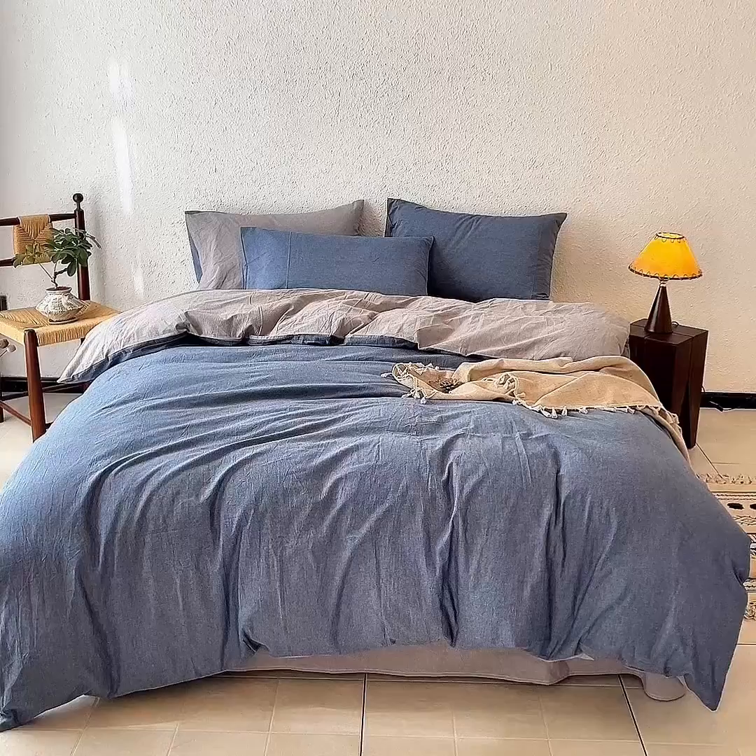 91家纺网 家纺一手货源 找家纺 兰紫橙家纺 2026新款A类色织纯色全棉水洗棉四件套 全棉水洗棉-牛仔蓝+浅灰