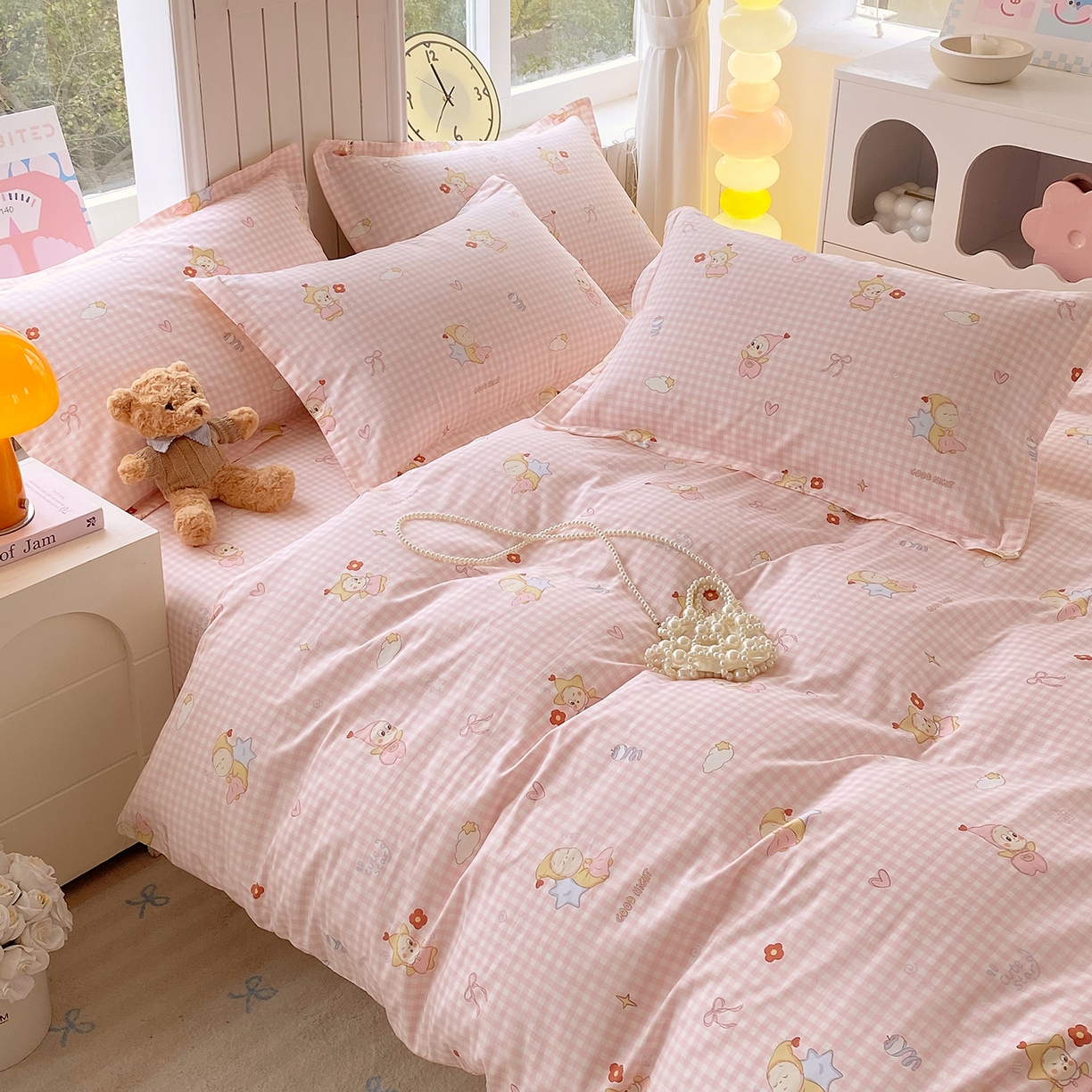 91家纺网 家纺一手货源 找家纺 金丝兔 2026新款ins新疆全棉印花小清新纯棉单被套（提供买家秀和质检报告） 甜梦精灵-粉