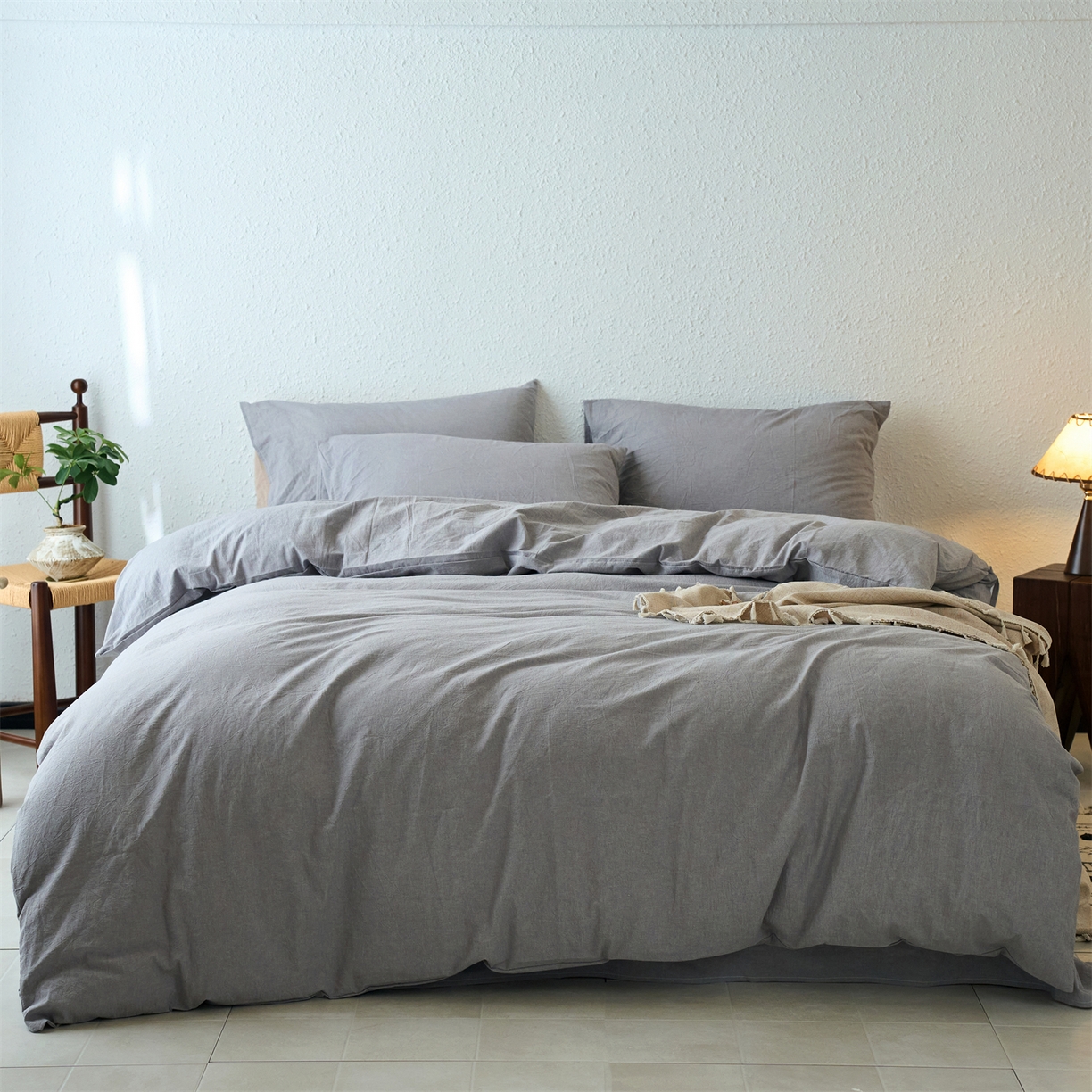 91家纺网 家纺一手货源 找家纺 兰紫橙家纺 2026新款A类色织纯色全棉水洗棉四件套 全棉水洗棉-浅灰