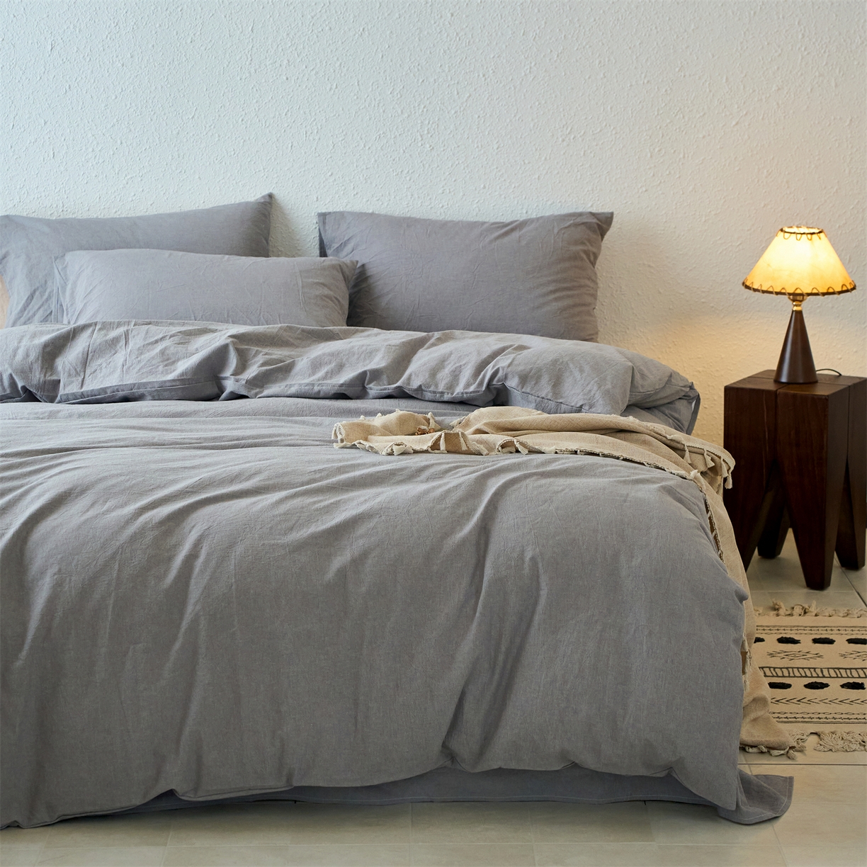 91家纺网 家纺一手货源 找家纺 兰紫橙家纺 2026新款A类色织纯色全棉水洗棉四件套 全棉水洗棉-浅灰