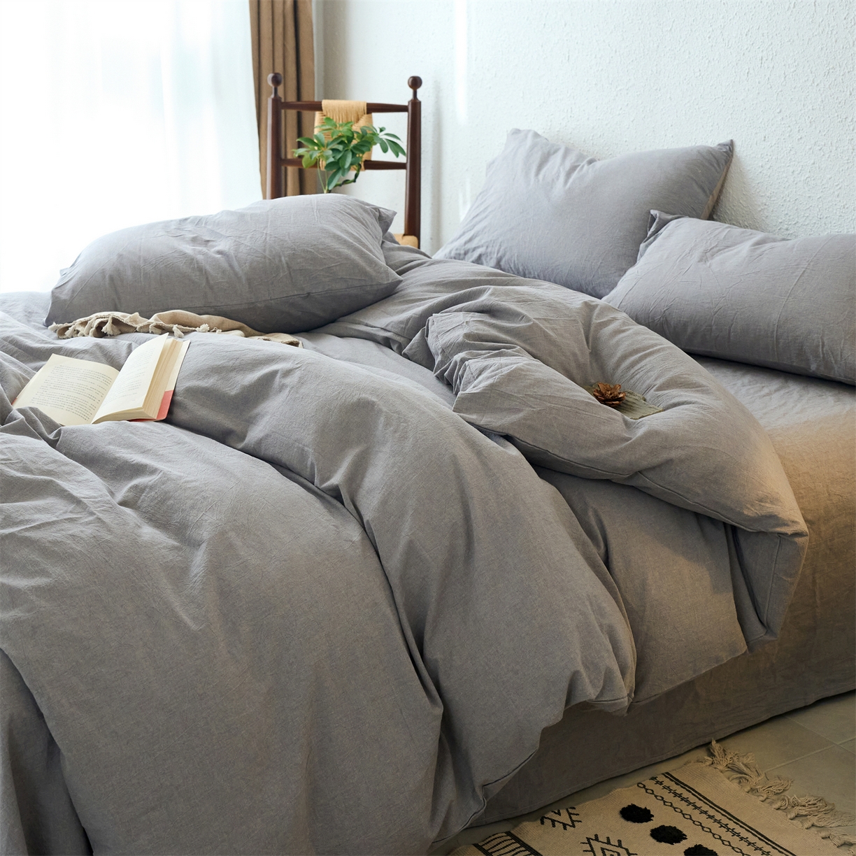 91家纺网 家纺一手货源 找家纺 兰紫橙家纺 2026新款A类色织纯色全棉水洗棉四件套 全棉水洗棉-浅灰