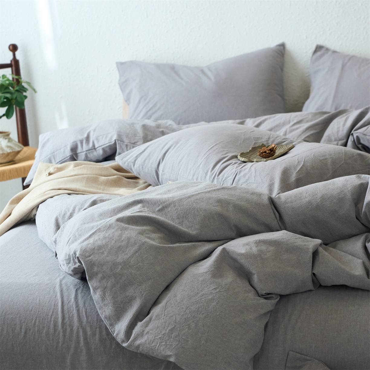 91家纺网 家纺一手货源 找家纺 兰紫橙家纺 2026新款A类色织纯色全棉水洗棉四件套 全棉水洗棉-浅灰