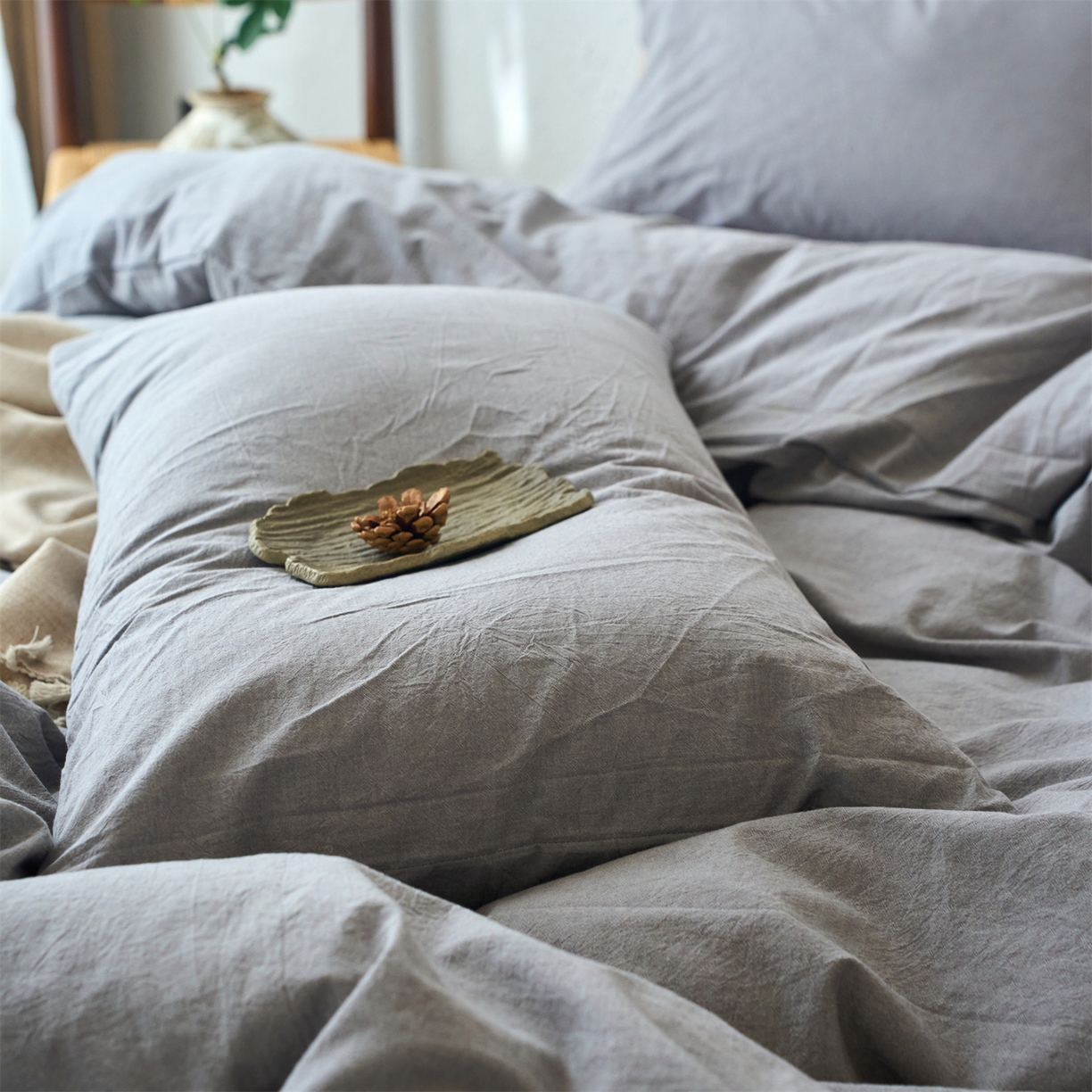 91家纺网 家纺一手货源 找家纺 兰紫橙家纺 2026新款A类色织纯色全棉水洗棉四件套 全棉水洗棉-浅灰