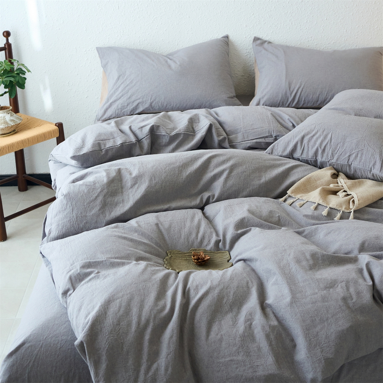 91家纺网 家纺一手货源 找家纺 兰紫橙家纺 2026新款A类色织纯色全棉水洗棉四件套 全棉水洗棉-浅灰