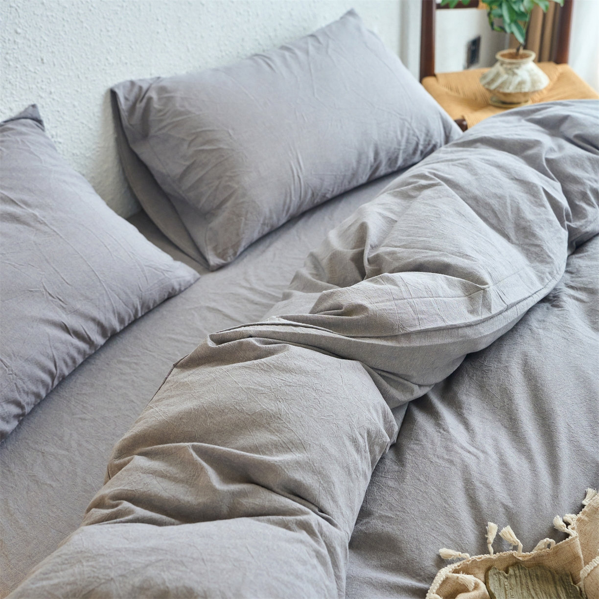 91家纺网 家纺一手货源 找家纺 兰紫橙家纺 2026新款A类色织纯色全棉水洗棉四件套 全棉水洗棉-浅灰