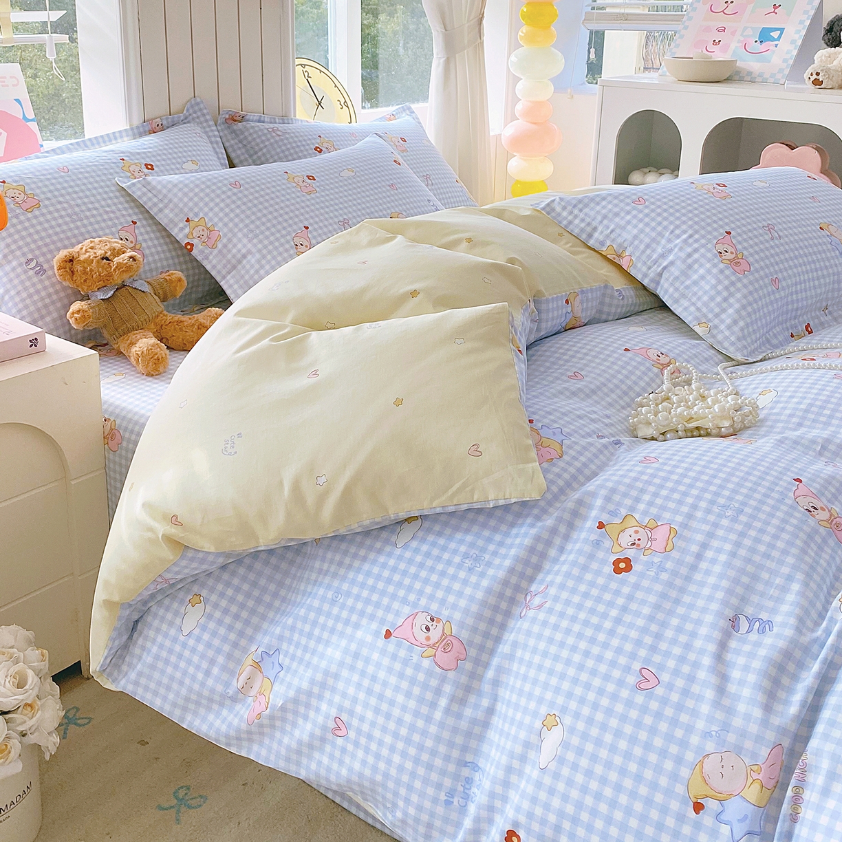 91家纺网 家纺一手货源 找家纺 金丝兔 2026新款ins新疆全棉印花小清新纯棉单被套（提供买家秀和质检报告） 甜梦精灵-蓝