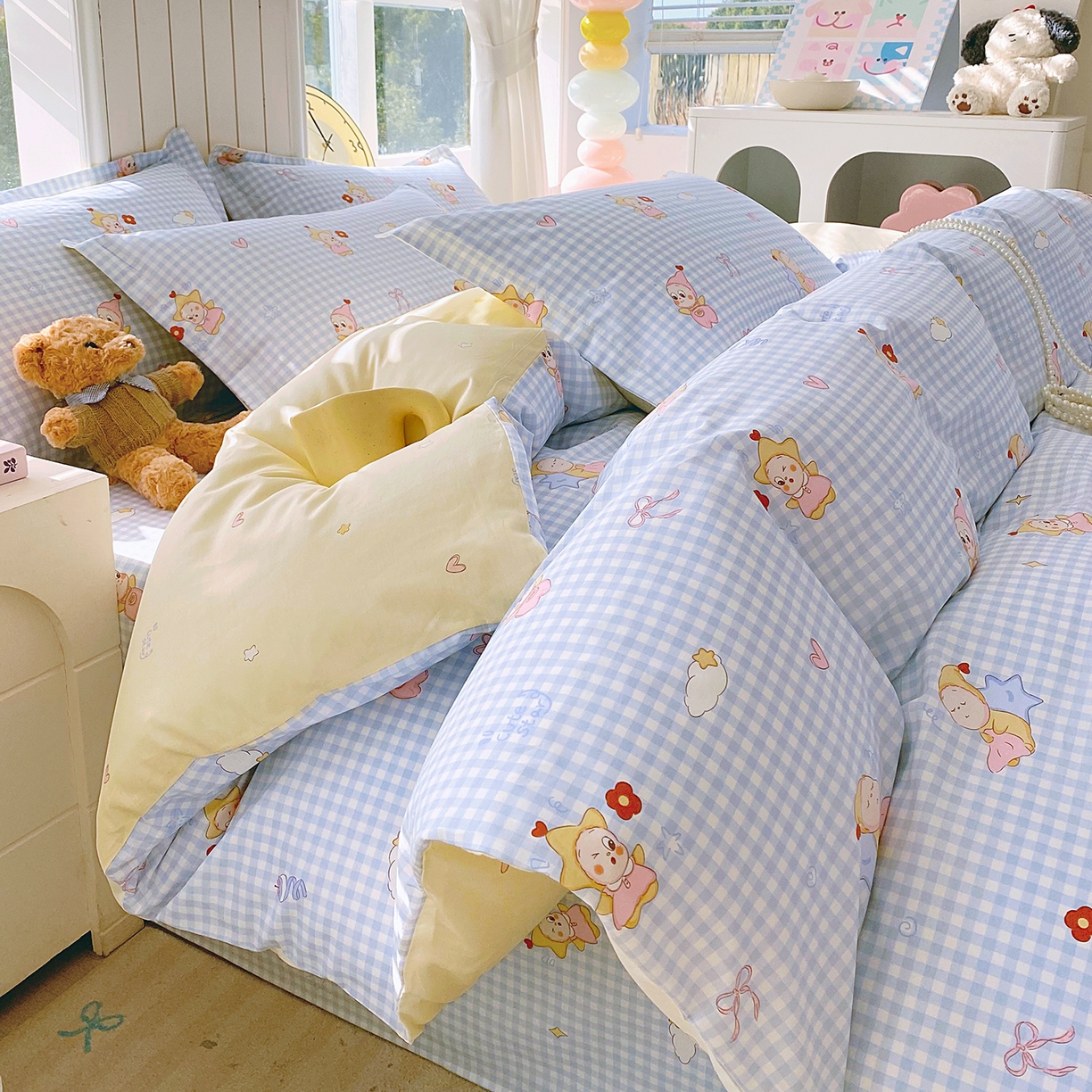 91家纺网 家纺一手货源 找家纺 金丝兔 2026新款ins新疆全棉印花小清新纯棉单被套（提供买家秀和质检报告） 甜梦精灵-蓝