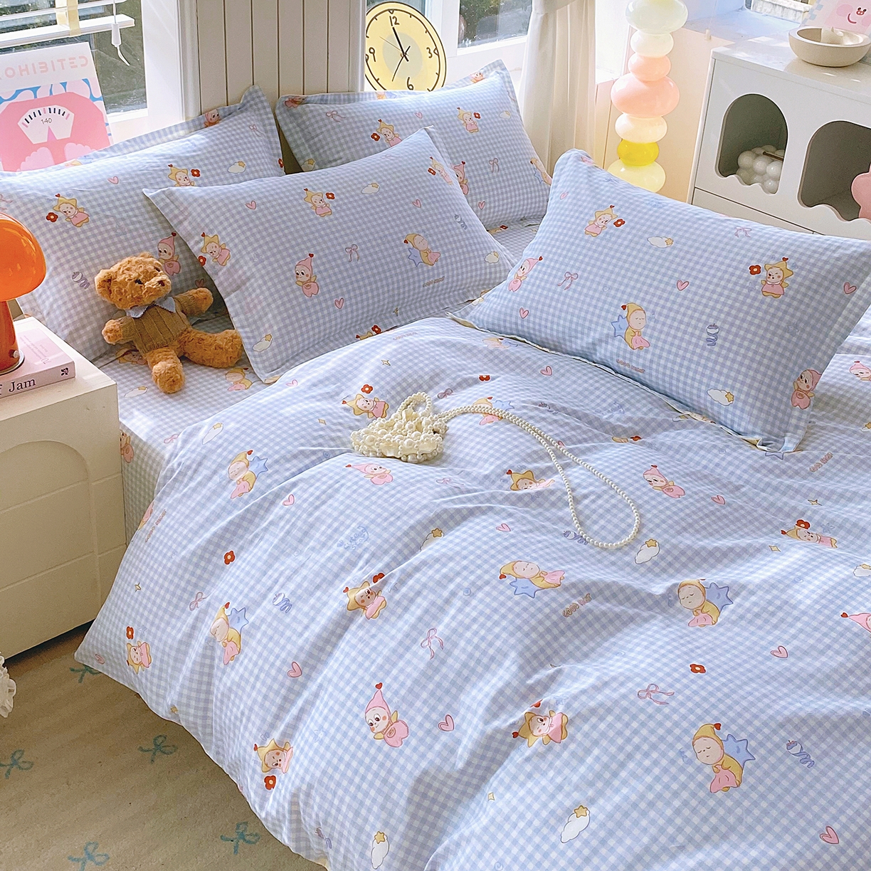 91家纺网 家纺一手货源 找家纺 金丝兔 2026新款ins新疆全棉印花小清新纯棉单被套（提供买家秀和质检报告） 甜梦精灵-蓝