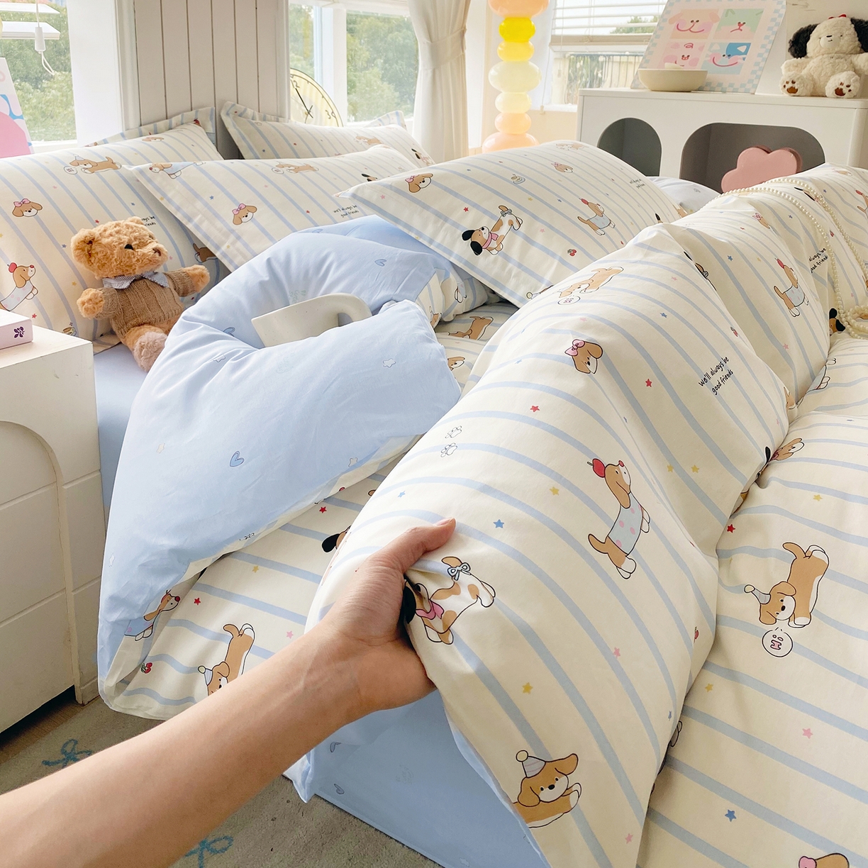 金丝兔 2026新款ins新疆全棉印花小清新纯棉单被套（提供买家秀和质检报告） 条纹小狗