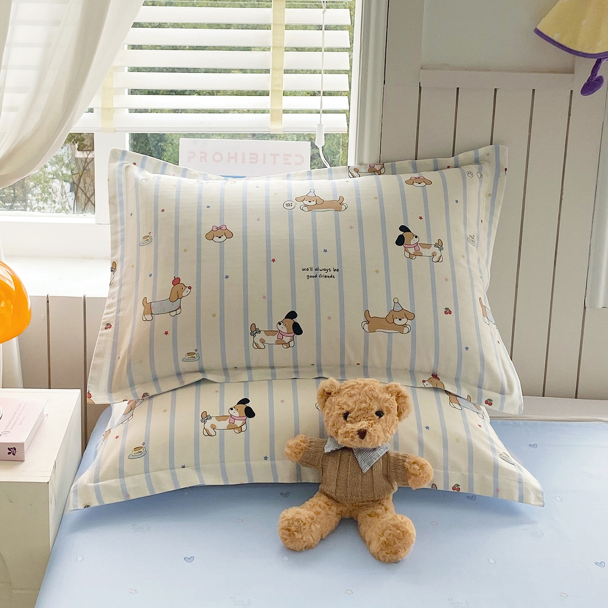 91家纺网 家纺一手货源 找家纺 金丝兔 2026新款ins新疆全棉印花小清新纯棉单被套（提供买家秀和质检报告） 条纹小狗