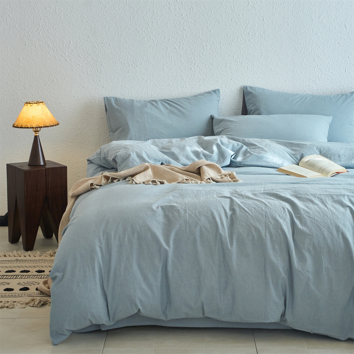 91家纺网 家纺一手货源 找家纺 兰紫橙家纺 2026新款A类色织纯色全棉水洗棉四件套 全棉水洗棉-浅蓝