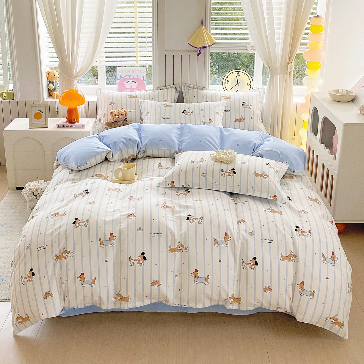 91家纺网 家纺一手货源 找家纺 金丝兔 2026新款ins新疆全棉印花小清新纯棉单被套（提供买家秀和质检报告） 条纹小狗