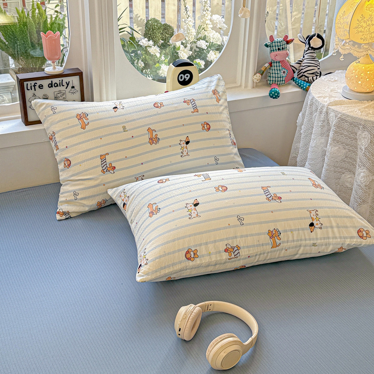 91家纺网 家纺一手货源 找家纺 （总）朵朵家纺 2026新款云感木棉皱皱纱双层纱印花单枕套枕套单件单品枕套