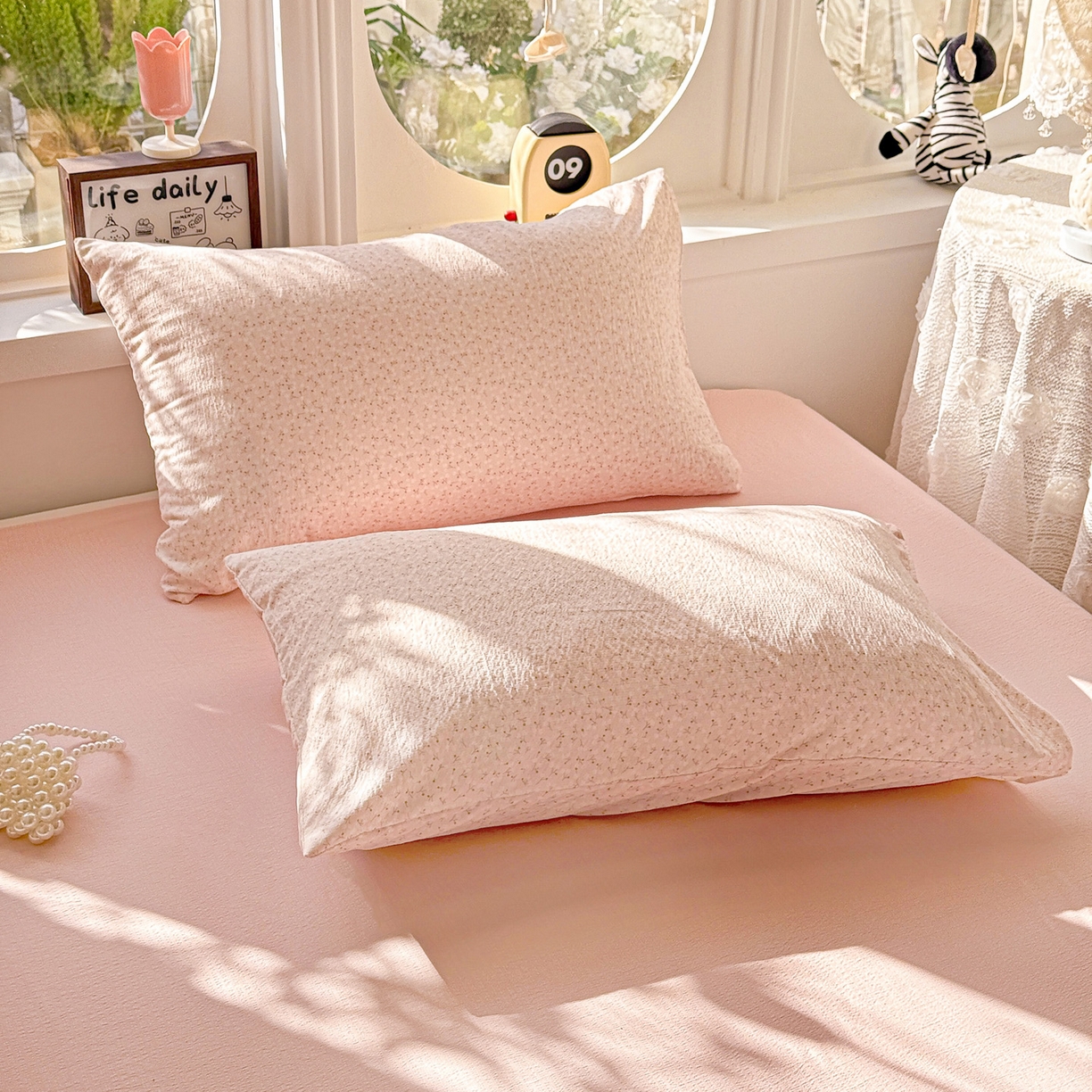 91家纺网 家纺一手货源 找家纺 （总）朵朵家纺 2026新款云感木棉皱皱纱双层纱印花单枕套枕套单件单品枕套