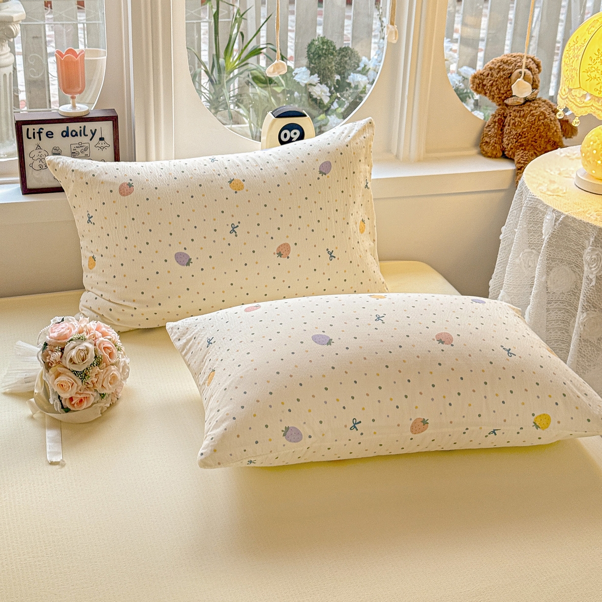 91家纺网 家纺一手货源 找家纺 （总）朵朵家纺 2026新款云感木棉皱皱纱双层纱印花单枕套枕套单件单品枕套