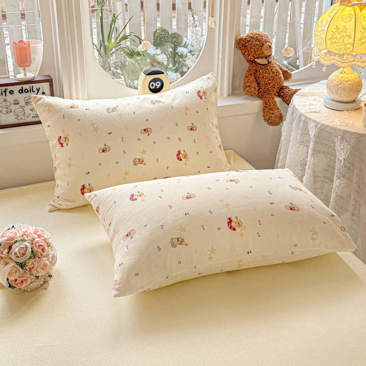 91家纺网 家纺一手货源 找家纺 （总）朵朵家纺 2026新款云感木棉皱皱纱双层纱印花单枕套枕套单件单品枕套