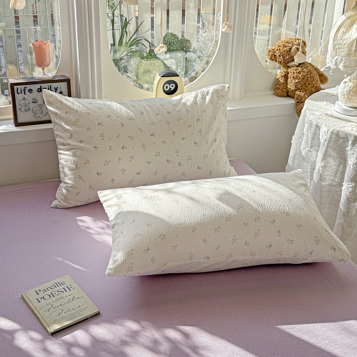 91家纺网 家纺一手货源 找家纺 （总）朵朵家纺 2026新款云感木棉皱皱纱双层纱印花单枕套枕套单件单品枕套