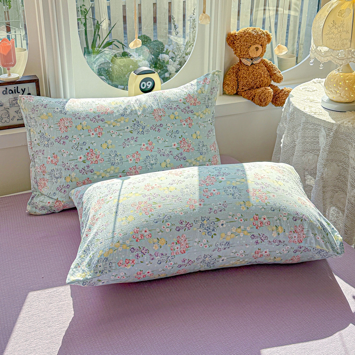 91家纺网 家纺一手货源 找家纺 （总）朵朵家纺 2026新款云感木棉皱皱纱双层纱印花单枕套枕套单件单品枕套