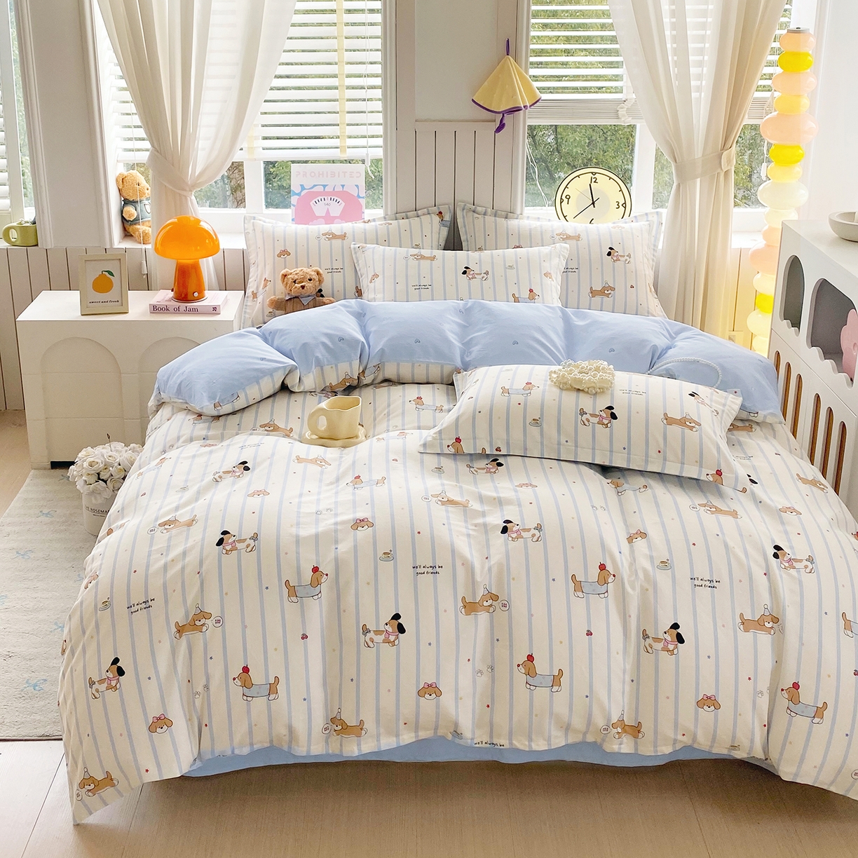 91家纺网 家纺一手货源 找家纺 金丝兔 2026新款ins新疆全棉印花小清新纯棉单被套（提供买家秀和质检报告） 条纹小狗