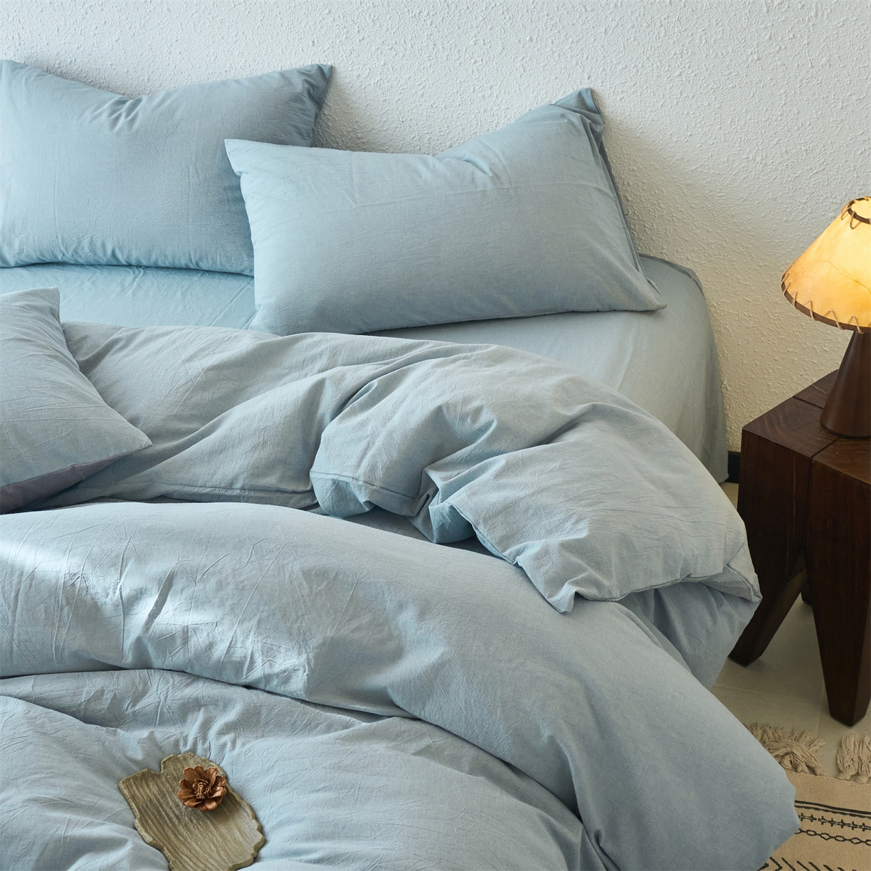 91家纺网 家纺一手货源 找家纺 兰紫橙家纺 2026新款A类色织纯色全棉水洗棉四件套 全棉水洗棉-浅蓝