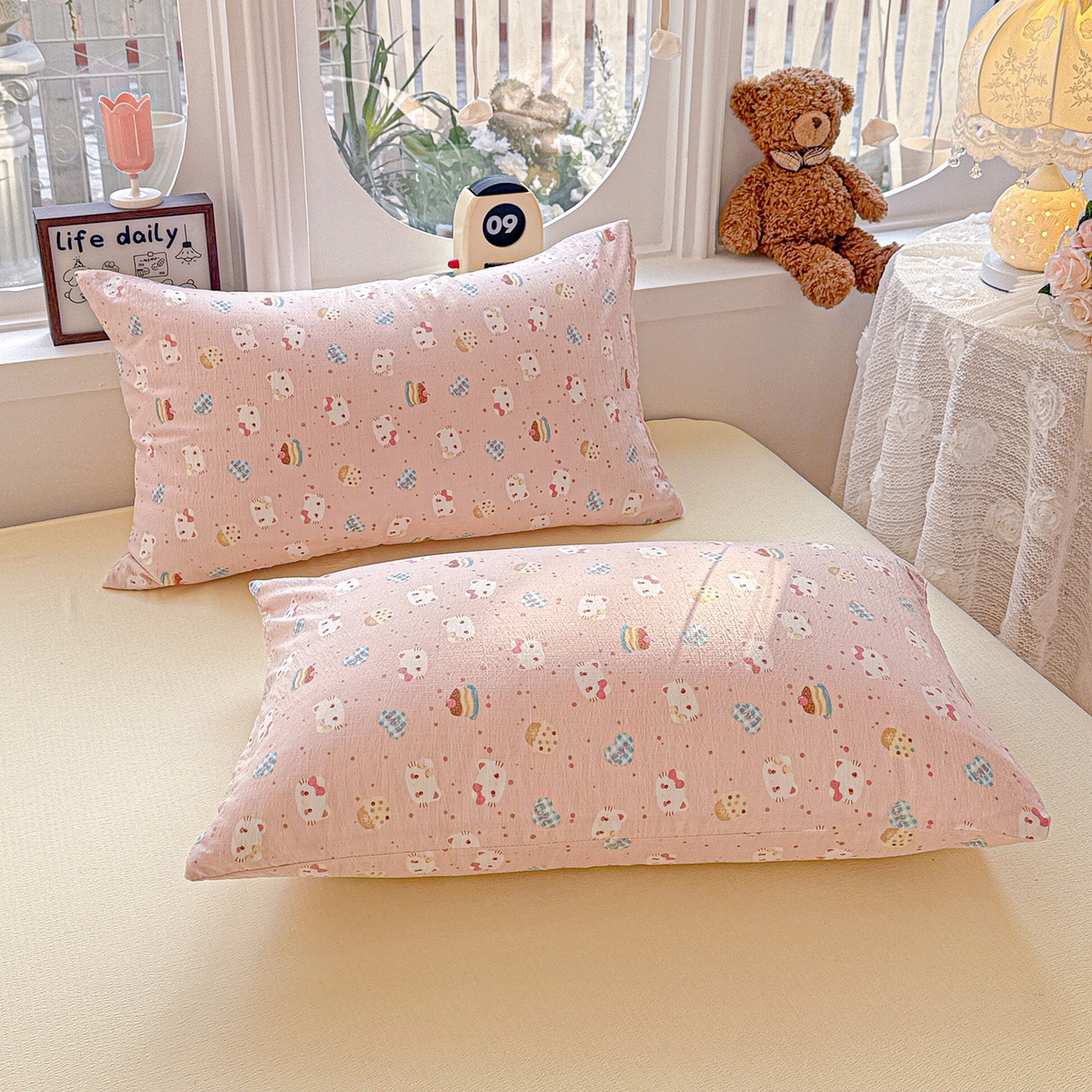 91家纺网 家纺一手货源 找家纺 （总）朵朵家纺 2026新款云感木棉皱皱纱双层纱印花单枕套枕套单件单品枕套