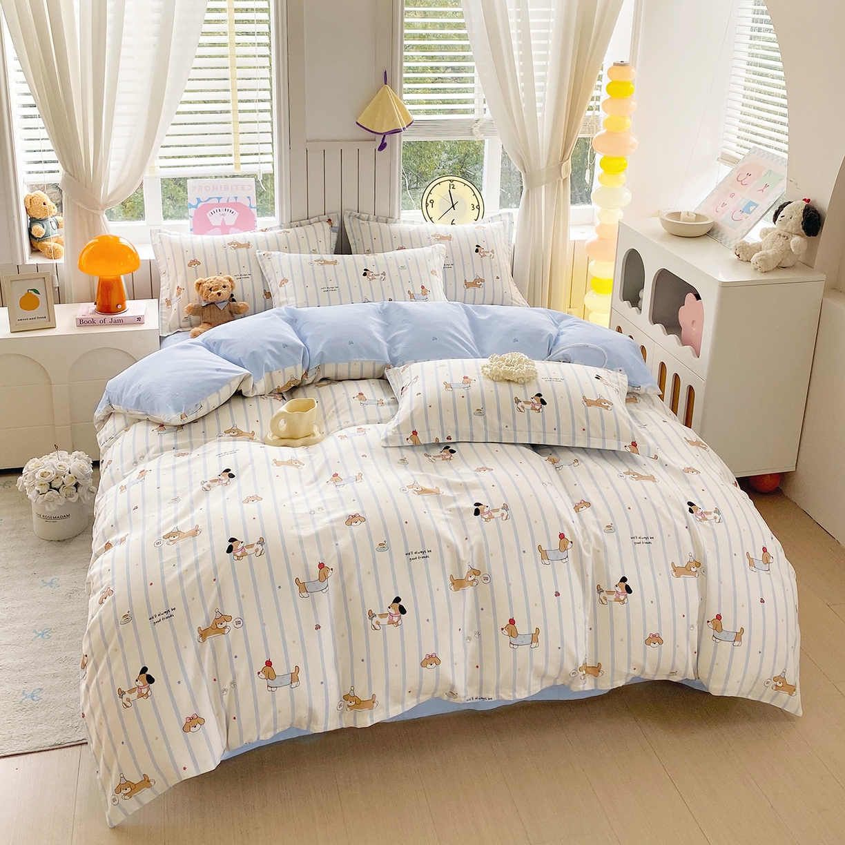 91家纺网 家纺一手货源 找家纺 金丝兔 2026新款ins新疆全棉印花小清新纯棉单被套（提供买家秀和质检报告） 条纹小狗