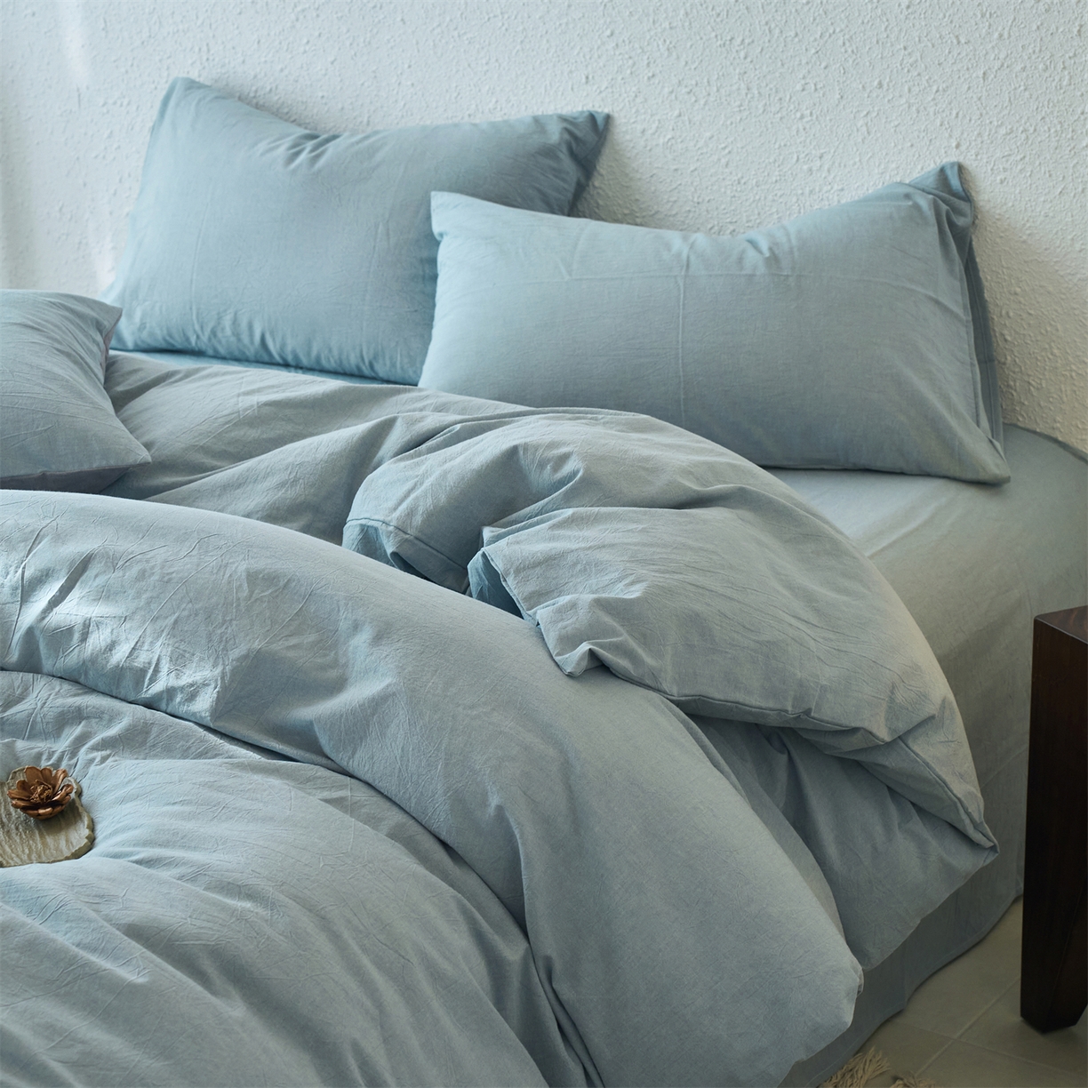 91家纺网 家纺一手货源 找家纺 兰紫橙家纺 2026新款A类色织纯色全棉水洗棉四件套 全棉水洗棉-浅蓝