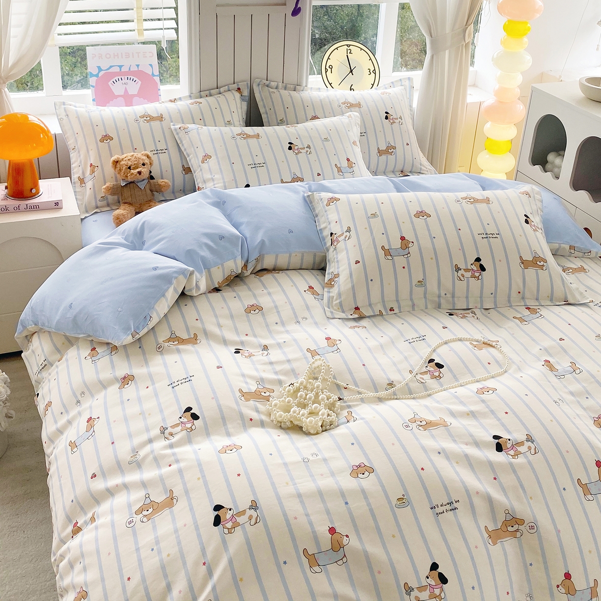 91家纺网 家纺一手货源 找家纺 金丝兔 2026新款ins新疆全棉印花小清新纯棉单被套（提供买家秀和质检报告） 条纹小狗