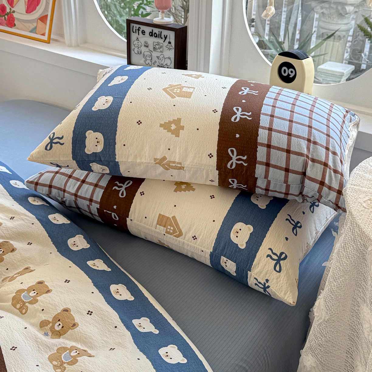 91家纺网 家纺一手货源 找家纺 朵朵家纺 2026新款云感木棉皱皱纱双层纱印花单枕套枕套单件单品枕套 北半球