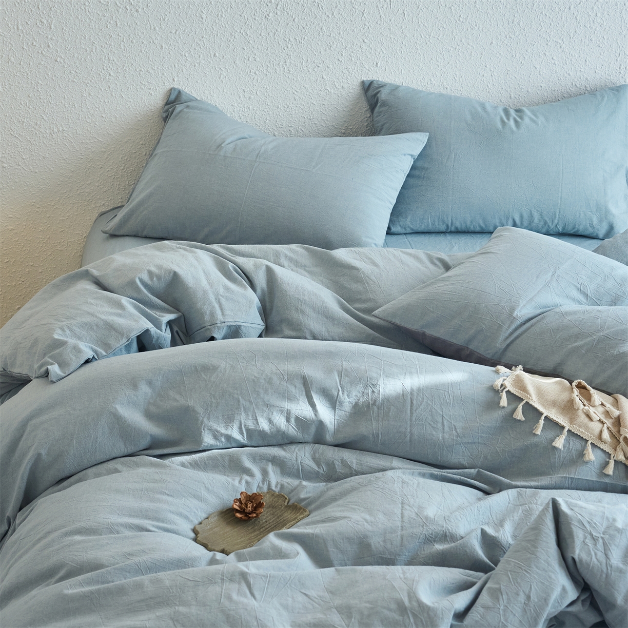 91家纺网 家纺一手货源 找家纺 兰紫橙家纺 2026新款A类色织纯色全棉水洗棉四件套 全棉水洗棉-浅蓝