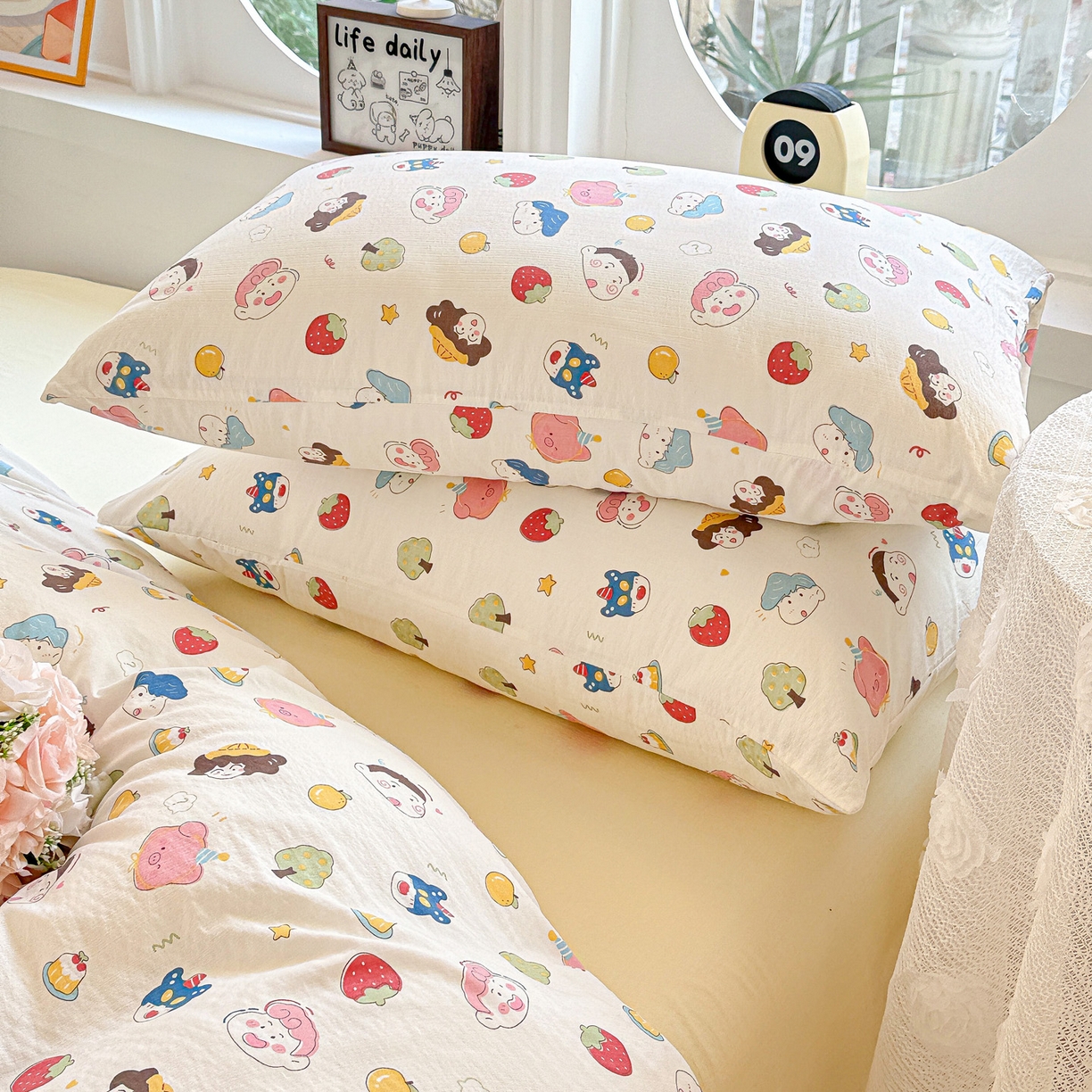 91家纺网 家纺一手货源 找家纺 朵朵家纺 2026新款云感木棉皱皱纱双层纱印花单枕套枕套单件单品枕套 小新e族