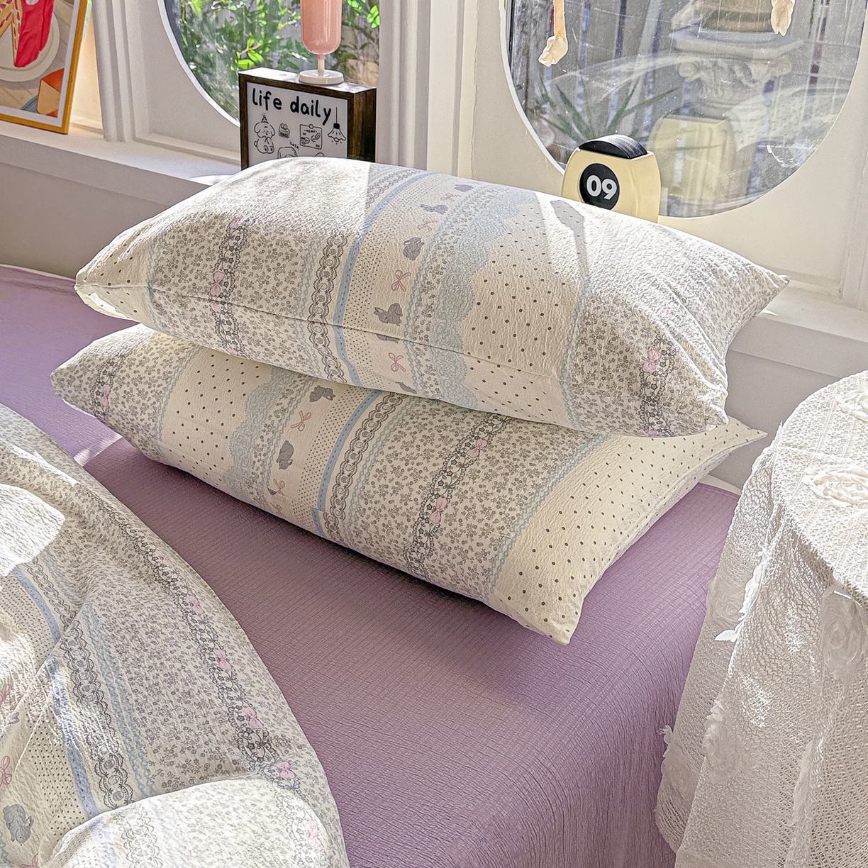 91家纺网 家纺一手货源 找家纺 朵朵家纺 2026新款云感木棉皱皱纱双层纱印花单枕套枕套单件单品枕套 安琪拉