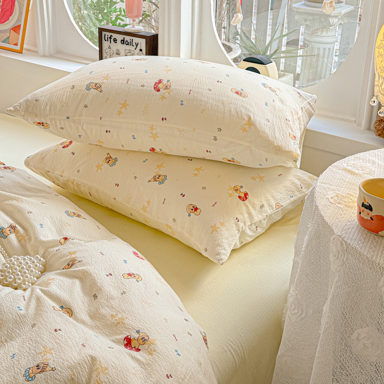 91家纺网 家纺一手货源 找家纺 朵朵家纺 2026新款云感木棉皱皱纱双层纱印花单枕套枕套单件单品枕套 星星人