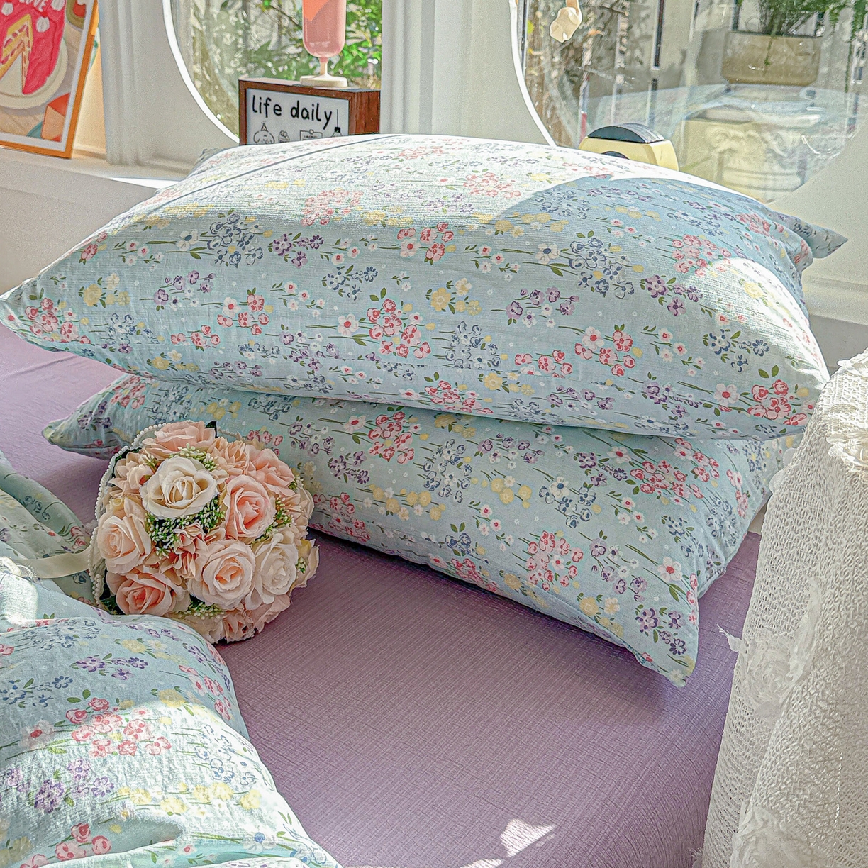 91家纺网 家纺一手货源 找家纺 朵朵家纺 2026新款云感木棉皱皱纱双层纱印花单枕套枕套单件单品枕套 春野集