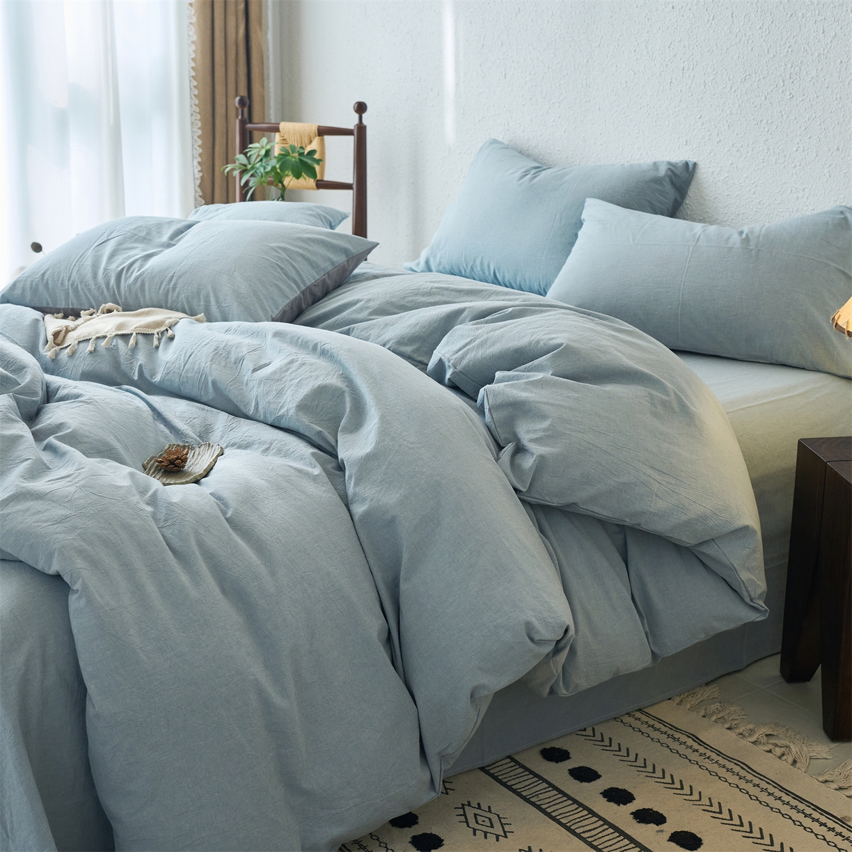 91家纺网 家纺一手货源 找家纺 兰紫橙家纺 2026新款A类色织纯色全棉水洗棉四件套 全棉水洗棉-浅蓝