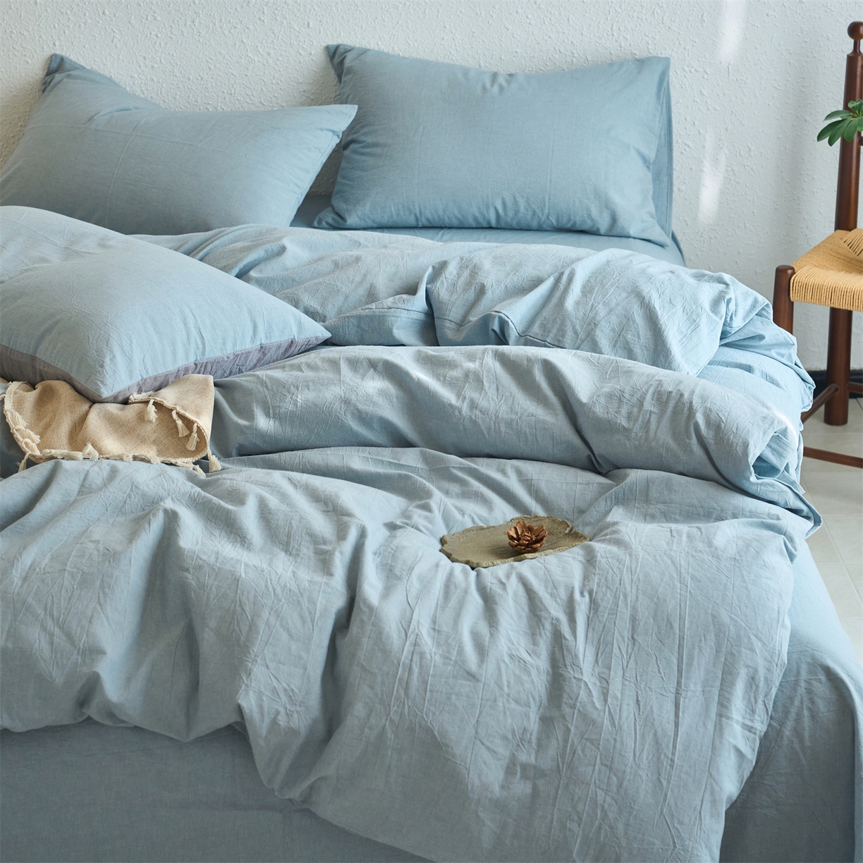 91家纺网 家纺一手货源 找家纺 兰紫橙家纺 2026新款A类色织纯色全棉水洗棉四件套 全棉水洗棉-浅蓝