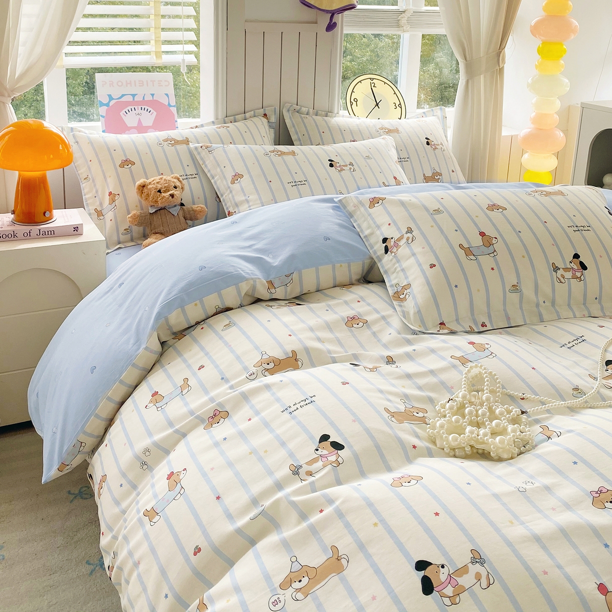 91家纺网 家纺一手货源 找家纺 金丝兔 2026新款ins新疆全棉印花小清新纯棉单被套（提供买家秀和质检报告） 条纹小狗