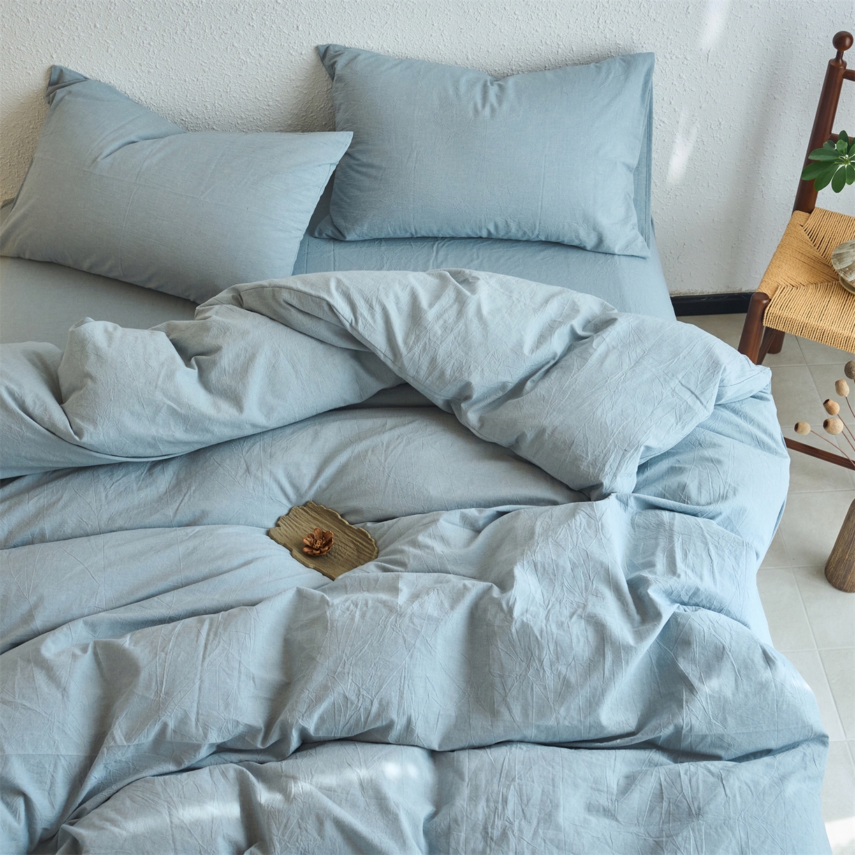 91家纺网 家纺一手货源 找家纺 兰紫橙家纺 2026新款A类色织纯色全棉水洗棉四件套 全棉水洗棉-浅蓝